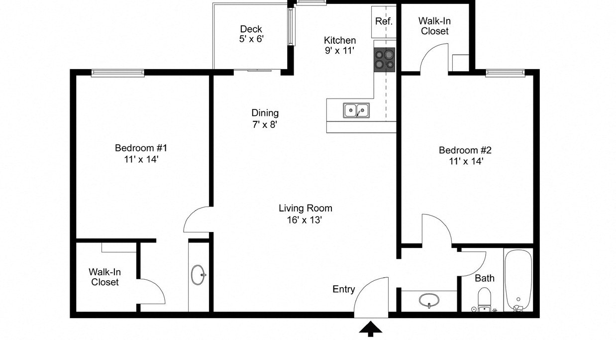Floor plan for 2 beds, 1.5 baths, 925 sqft